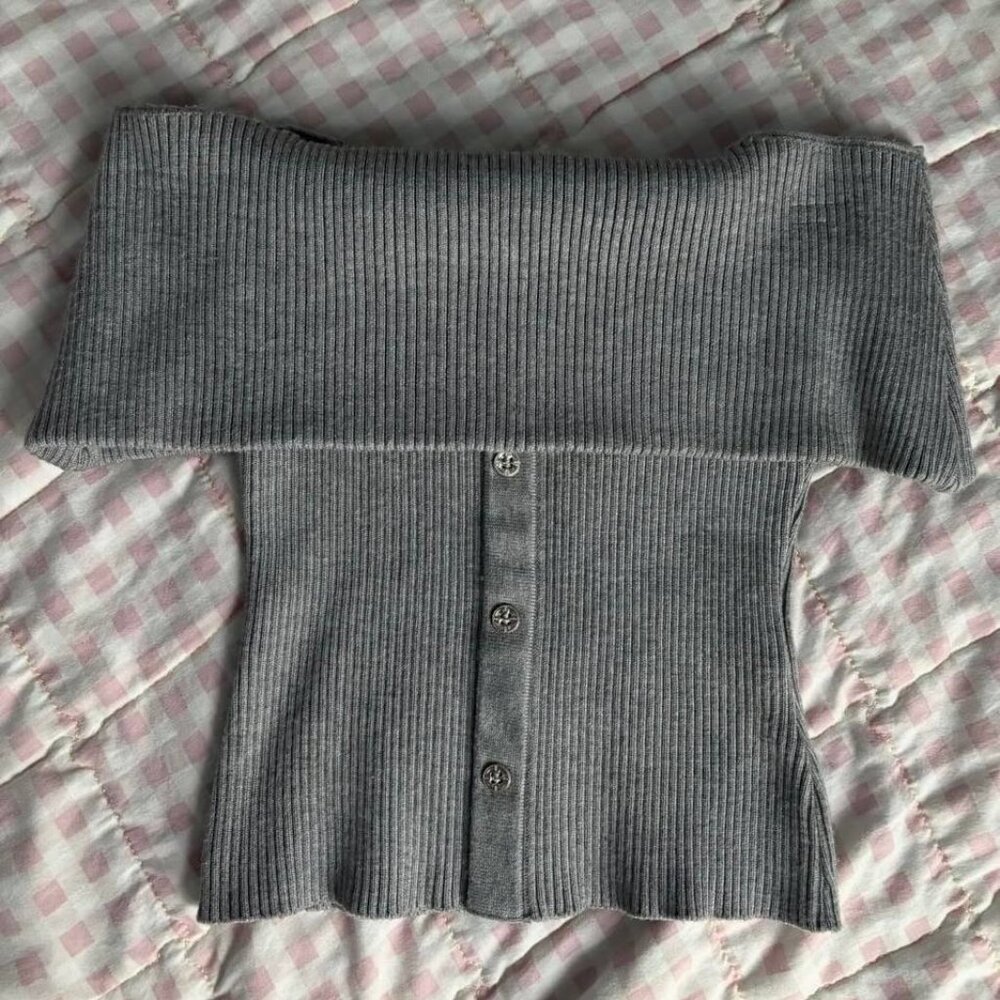 Gray Ribbed Off Shoulder Top - image 1